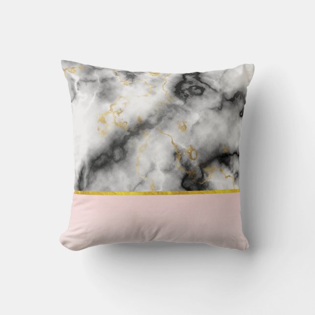 Modern White Grey Marble with Gold Ribbon Throw Pillow (Front)