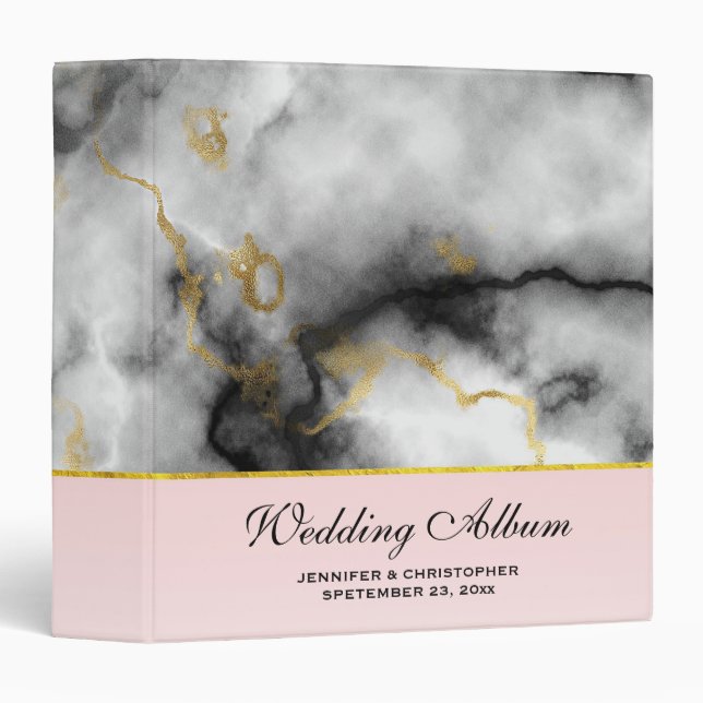 Modern White Grey Marble with Gold Ribbon Wedding Binder (Front/Spine)