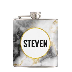 Modern White Grey Marble with Gold Ribbon Wedding Hip Flask