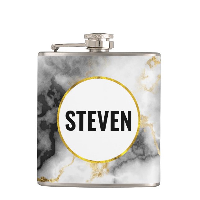Modern White Grey Marble with Gold Ribbon Wedding Hip Flask (Front)