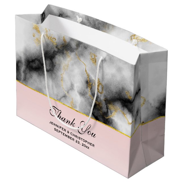 Modern White Grey Marble with Gold Ribbon Wedding Large Gift Bag (Back Angled)