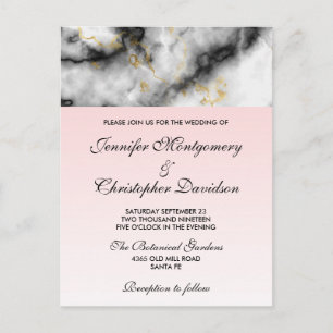 Modern White Grey Marble with Gold Ribbon Wedding Postcard