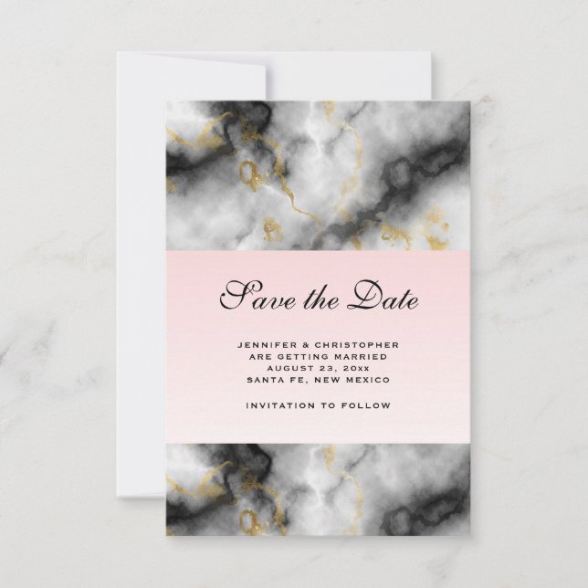 Modern White Grey Marble with Gold Ribbon Wedding Save The Date (Front)