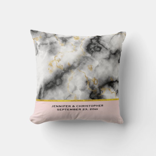 Modern White Grey Marble with Gold Ribbon Wedding Throw Pillow (Front)