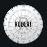 Modern white grey monogram name dart board<br><div class="desc">Modern white dart board with a black typography name and grey monogram. Personalize with name and initial.</div>