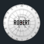 Modern white grey monogram name dart board<br><div class="desc">Modern white dart board with a black typography name and grey monogram. Personalize with name and initial.</div>