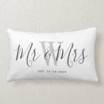 Modern White Grey Mr And Mrs Keepsake Monogrammed Lumbar Pillow<br><div class="desc">Welcome friends and family to your home with this Modern White Grey Mr And Mrs Keepsake Monogrammed Lumbar Pillow. It is an elegant design with a white background. The centre has bride and groom's last name monogram letter in light grey. The text is "mr and mrs" in dark grey trendy...</div>
