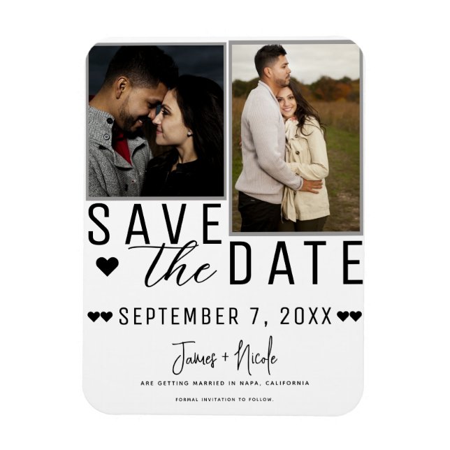 Modern White & Grey Save the Date 2 Photo Wedding Magnet (Vertical)