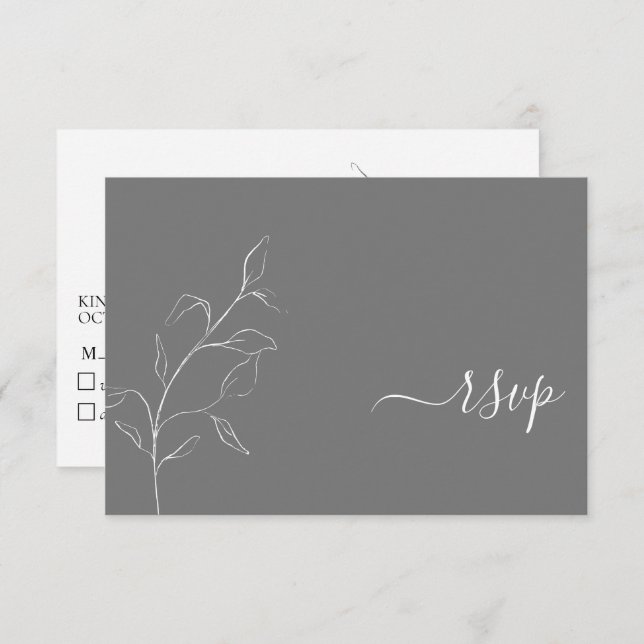 Modern White & Grey Script Botanical No Menu RSVP (Front/Back)