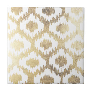 Modern white hand drawn ikat pattern faux gold tile