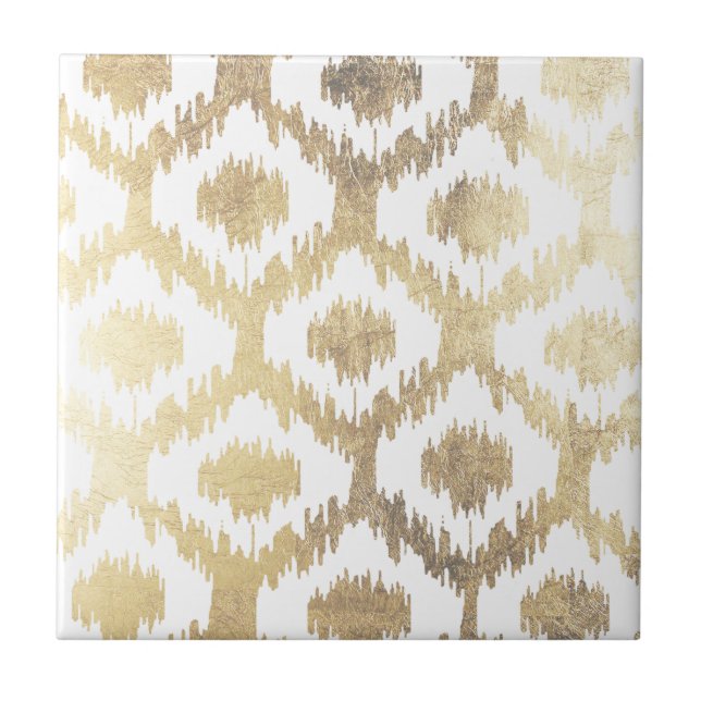 Modern white hand drawn ikat pattern faux gold tile (Front)