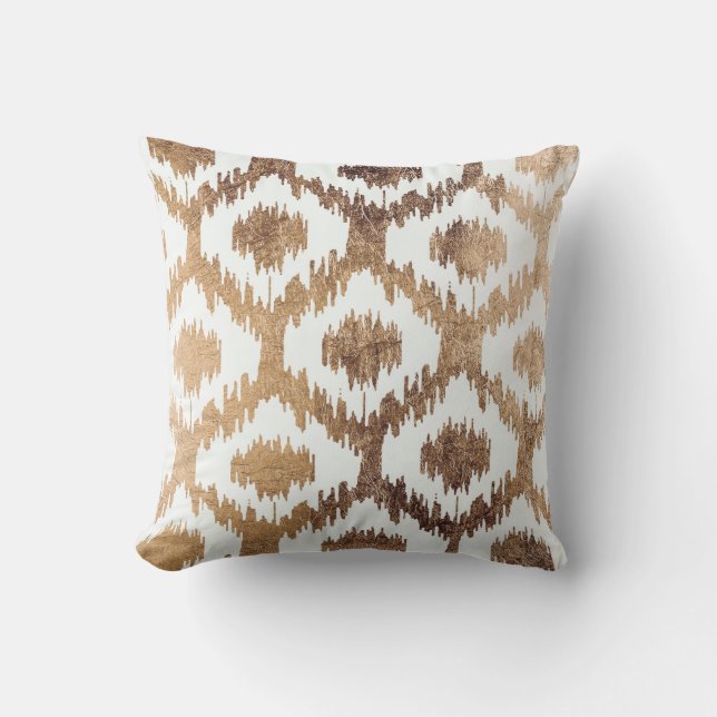 Modern white handrawn ikat pattern faux brass gold throw pillow (Front)