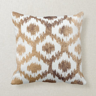 Modern white handrawn ikat pattern faux brass gold throw pillow