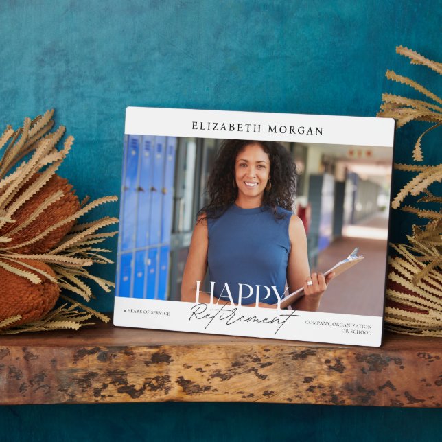 Modern White Happy Retirement Keepsake Photo Plaque (Side)