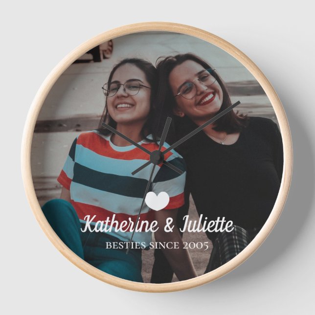 Modern White Heart Best Friend Friendship Photo Clock (Front)