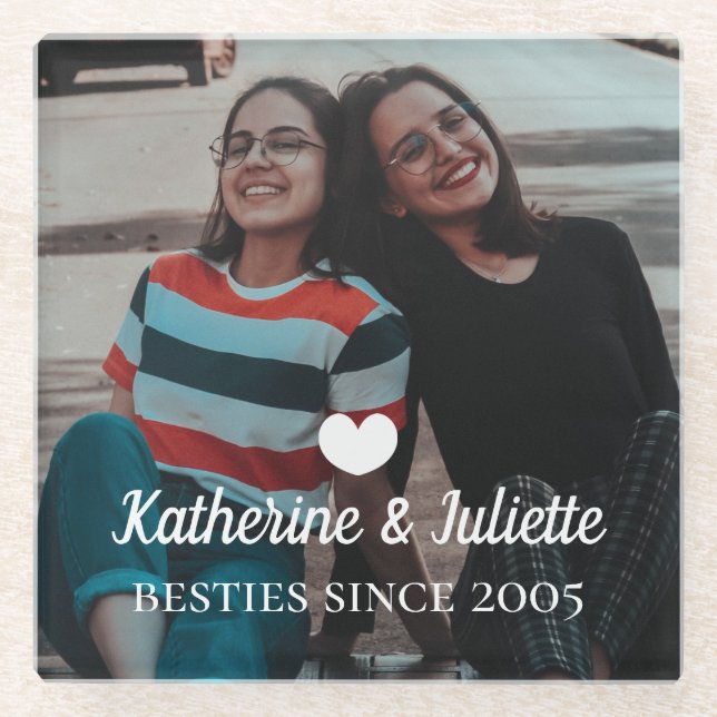 Modern White Heart Best Friend Friendship Photo Glass Coaster (Front)