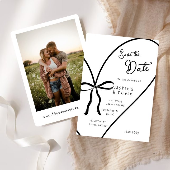 Modern White Heart Bow Photo Wedding Save The Date Invitation (Creator Uploaded)
