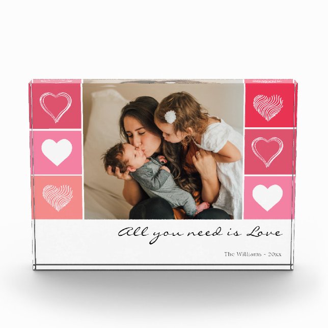 Modern white hearts red and pink photo Valentine Block (Front)