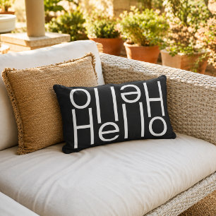 Modern White Hello Welcome Word Art On Black Lumbar Pillow