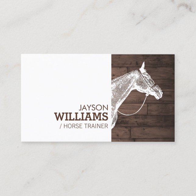 Modern White Horse Motif on Rustic Brown Woodgrain Business Card (Front)