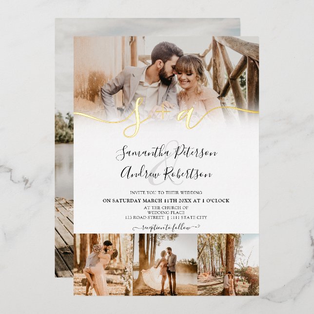 Modern white initials script 5 photos wedding (Front/Back)