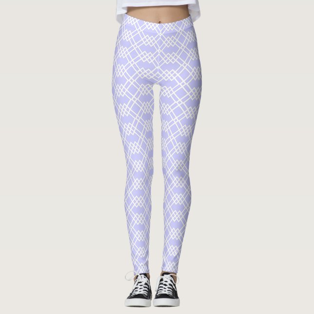 Modern White Lattice Geometric Light Periwinkle Leggings (Front)
