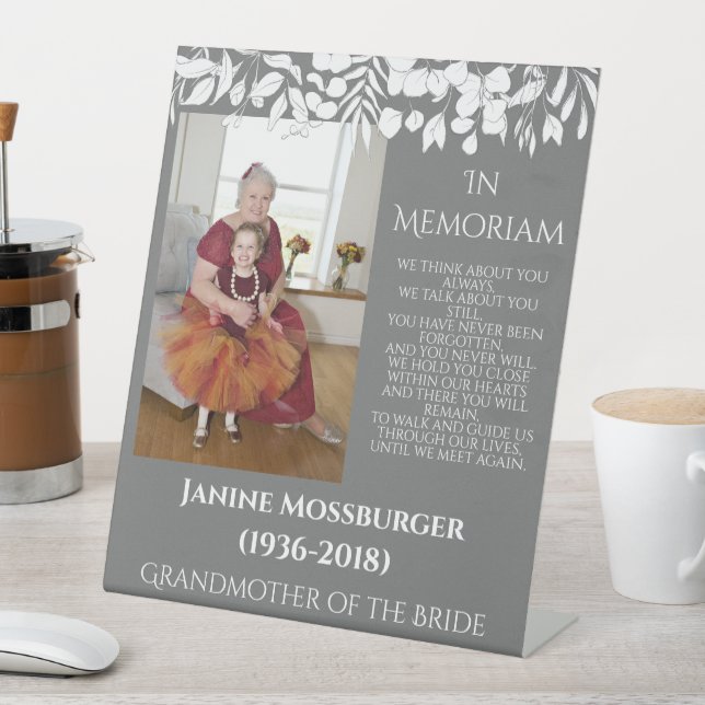 Modern White Leaves on Grey Photo Memorial Sign (In SItu)