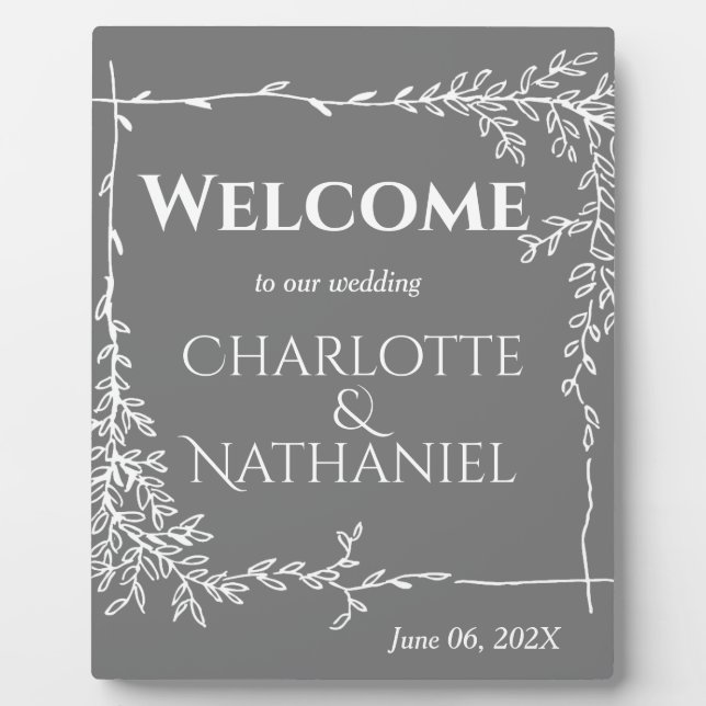 Modern White Leaves on Grey Wedding Welcome   Plaque (Front)