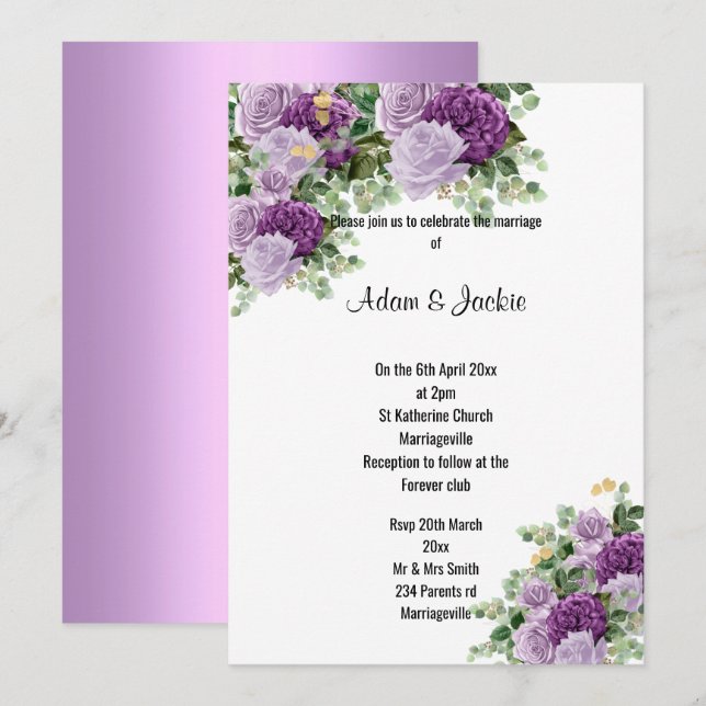 Modern White Lilac Purple floral ELEGANT WEDDING Invitation (Front/Back)