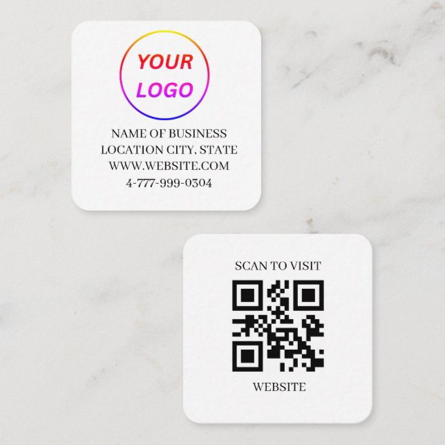 Modern White Logo QR Code Scan Website Square Busi Business Card (Front/Back)