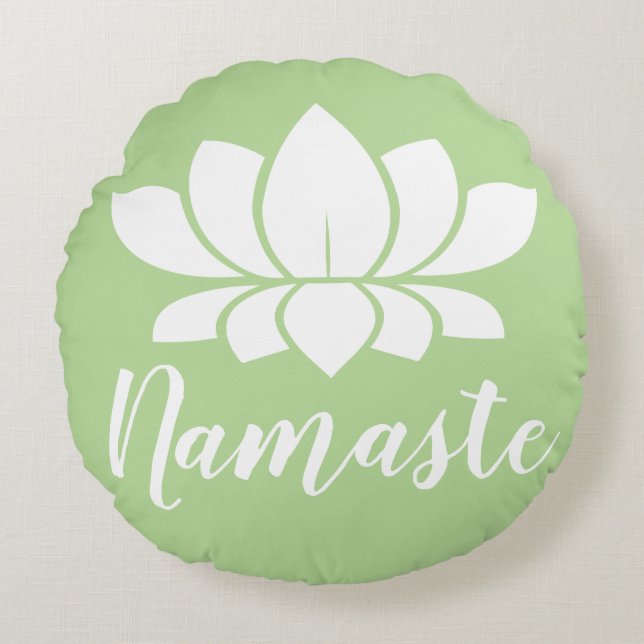 Modern White Lotus Flower Namaste Yoga Round Pillow (Front)