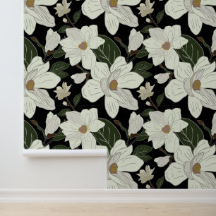 Modern White Magnolia Floral on Black  Wallpaper