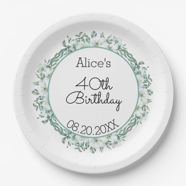 Modern White Magnolia Greenery 40th Birthday Paper Plate (Front)