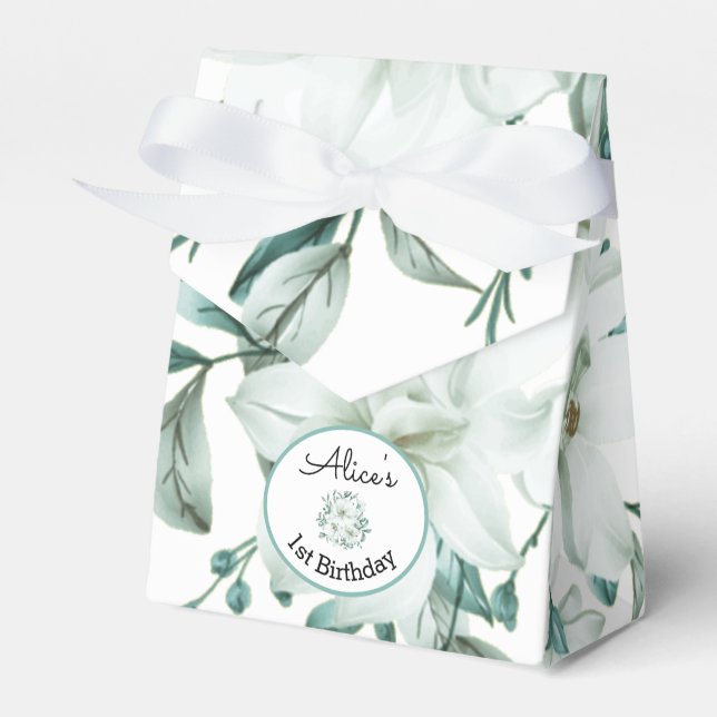 Modern White Magnolia Greenery Birthday Favor Box (Front Side)
