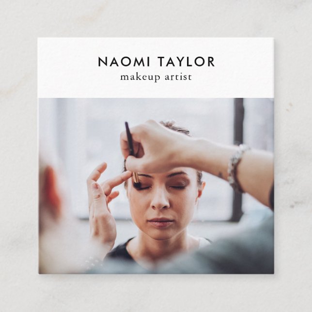 Modern white makeup artist photo simple elegant square business card (Front)