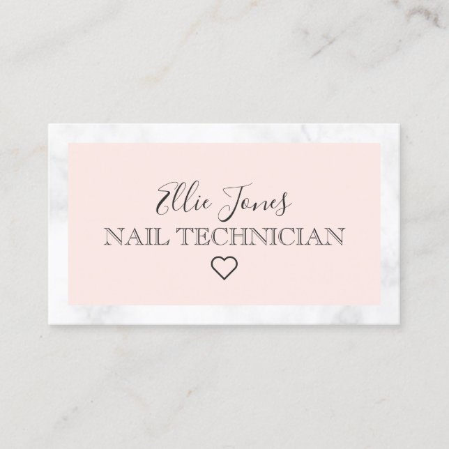 Modern white marble & blush pink nail technician business card (Front)