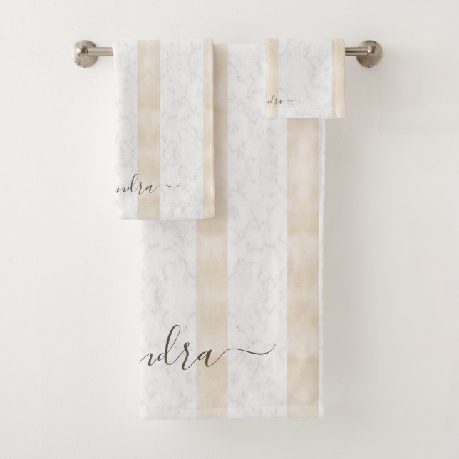 Modern White Marble Custom Elegant Cream Bath Towel Set (Insitu)