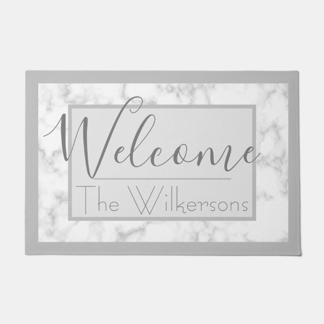 Modern White Marble Elegant Custom Family Name Doormat (Front)