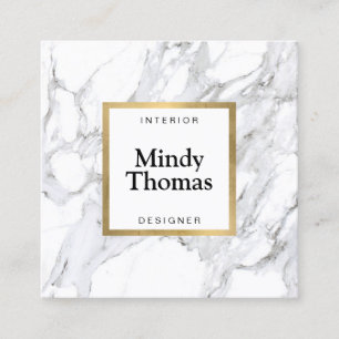 Modern White Marble Faux Gold Frame Square Business Card