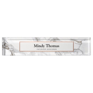 Modern White Marble Faux Rose Gold Frame Nameplate
