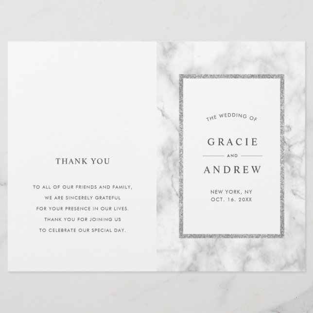 Modern White Marble Folded Wedding Program (Front)