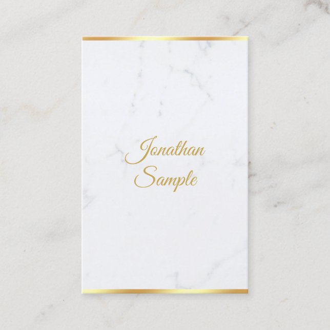 Modern White Marble Gold Hand Script Template Luxe Business Card (Front)