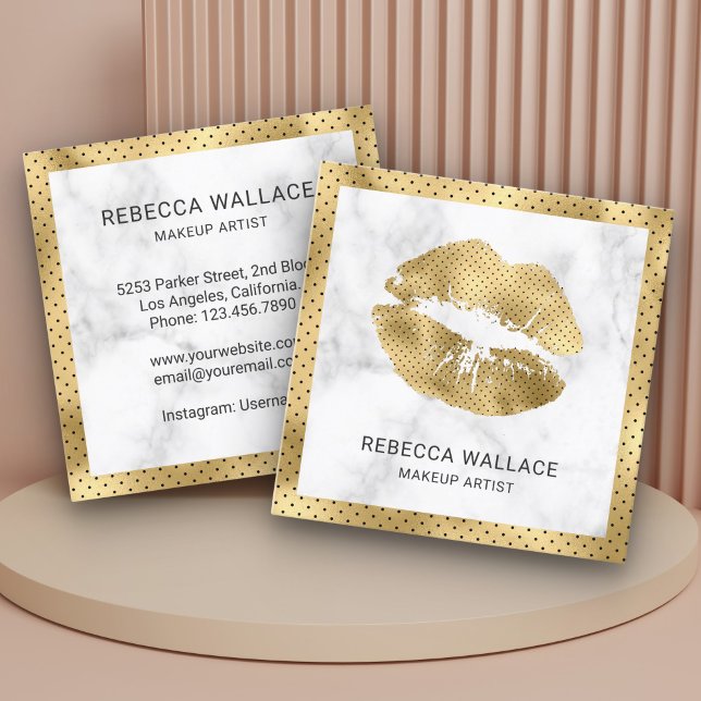 Modern White Marble Gold Lips Makeup Artist Square Business Card (Creator Uploaded)