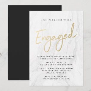 Modern White Marble Gold Script Engagement Party Invitation