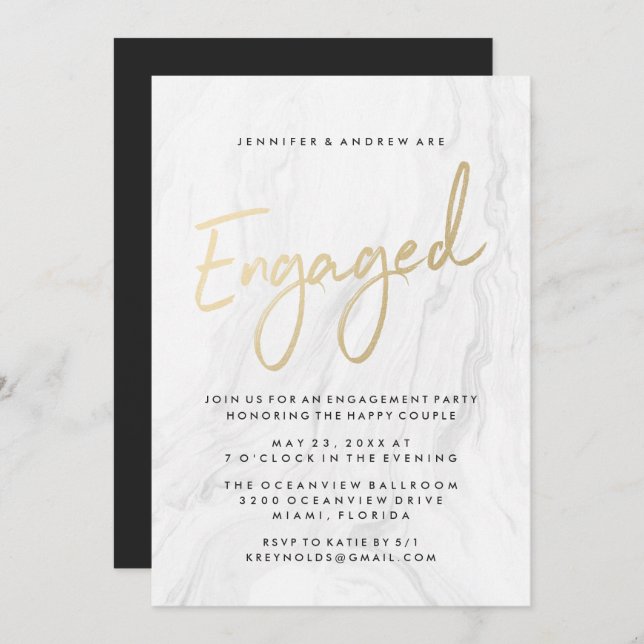 Modern White Marble Gold Script | Engagement Party Invitation (Front/Back)