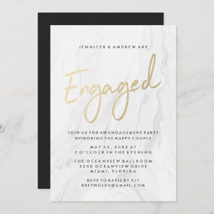 Modern White Marble Gold Script   Engagement Party Invitation