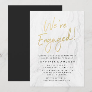 Modern White Marble Gold Script Engagement Party Invitation