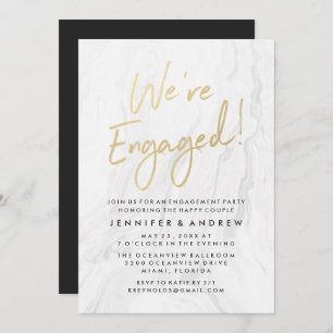 Modern White Marble Gold Script   Engagement Party Invitation