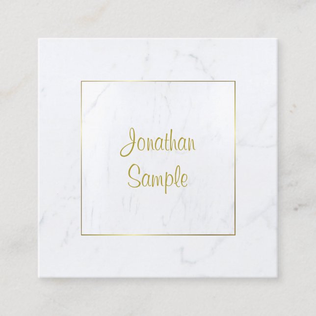 Modern White Marble Gold Script Luxurious Plain Square Business Card (Front)