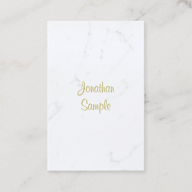 Modern White Marble Gold Script Luxury Template Business Card (Front)